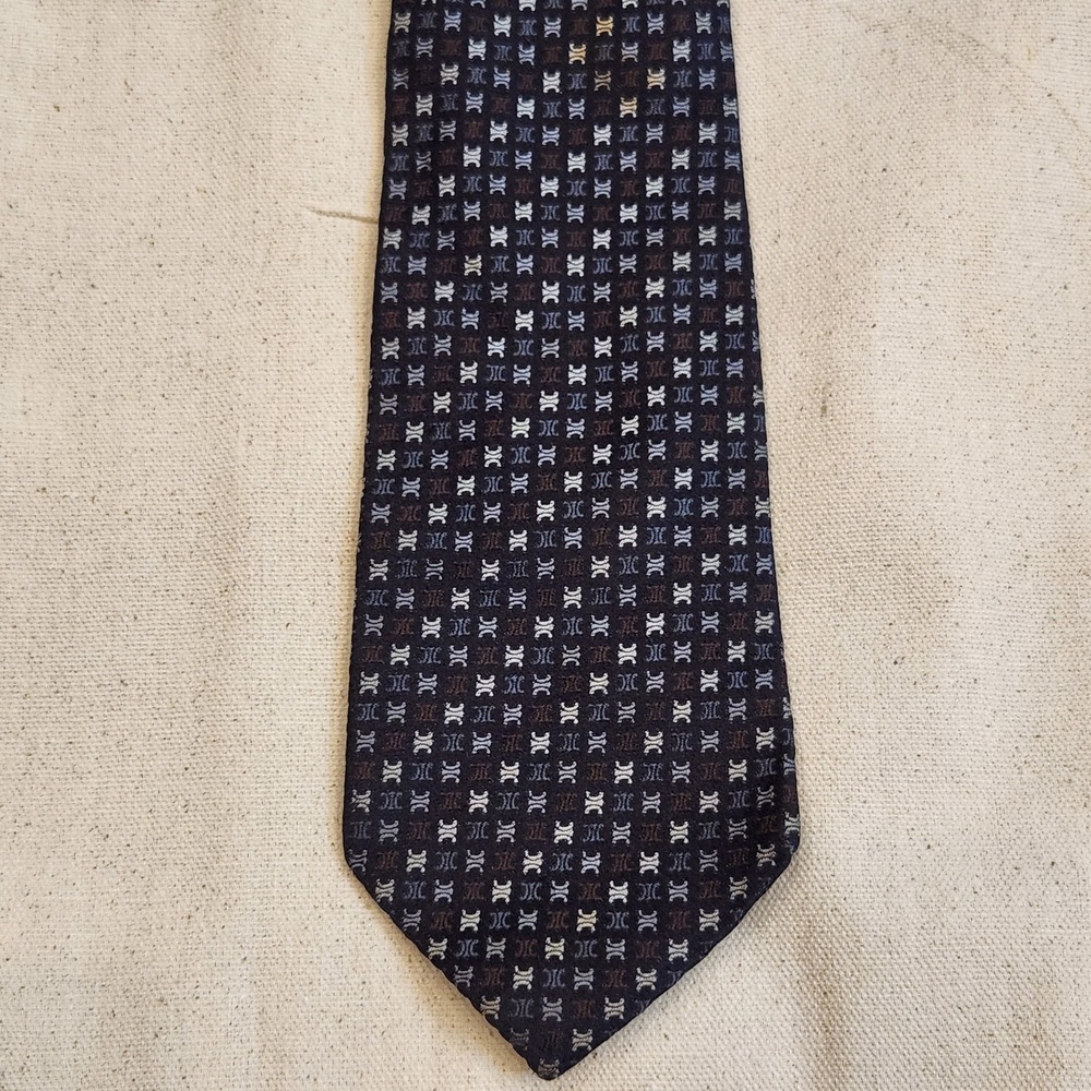 CELINE Paris Men's Vintage Silk Tie Classic Macadam Monogram Crest Navy Blue